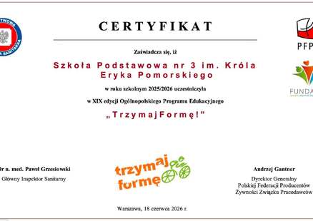 Certyfikat Programu Edukacyjnego „Trzymaj formę”